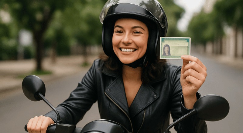 uma mulher sorridente em sua moto, usando capacete e segurando sua CNH com orgulho