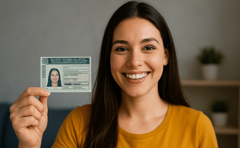 uma jovem sorridente segurando sua carteira de motorista