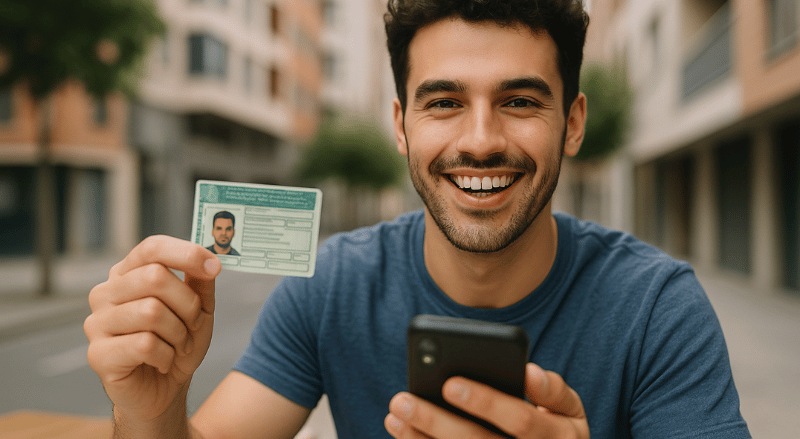 um jovem sorridente segurando sua CNH brasileira com orgulho,