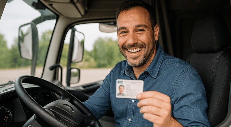 Homem sorridente dentro de um caminhão, segurando sua carteira de motorista