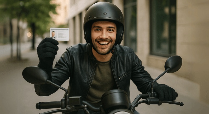 Rapaz sorridente em cima de uma moto, usando capacete aberto e jaqueta de couro, exibe sua carteira de motorista em uma rua urbana.