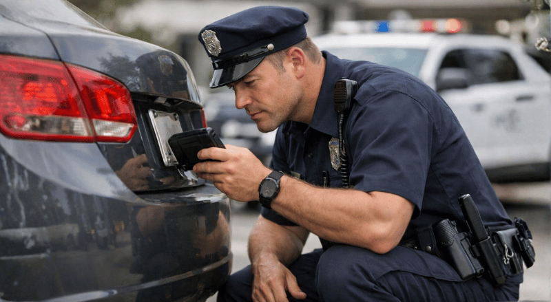 Um policial uniformizado está agachado atrás de um carro, observando atentamente a placa do veículo enquanto utiliza um dispositivo para conferência. A cena acontece em ambiente externo, com iluminação natural, transmitindo a ideia de fiscalização e verificação de irregularidades no trânsito.