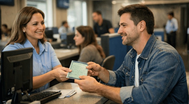 Pessoa recebendo o licenciamento de um atendente em um ambiente de Detran, com expressão de satisfação, em um espaço institucional bem iluminado e com outros atendimentos ao fundo.