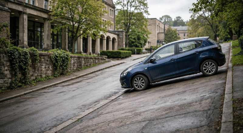 carro estacionado em subida íngreme, destacando a inclinação da rua e o contexto urbano