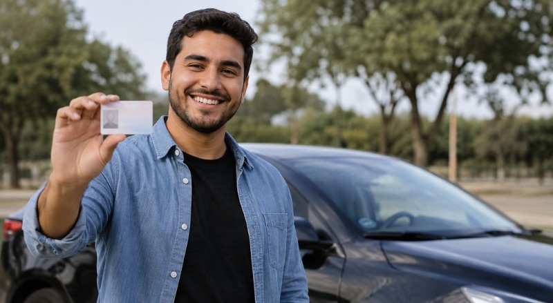 Uma pessoa sorridente segura sua CNH com orgulho, enquanto seu carro aparece ao fundo em um ambiente externo, transmitindo a sensação de conquista e liberdade ao dirigir