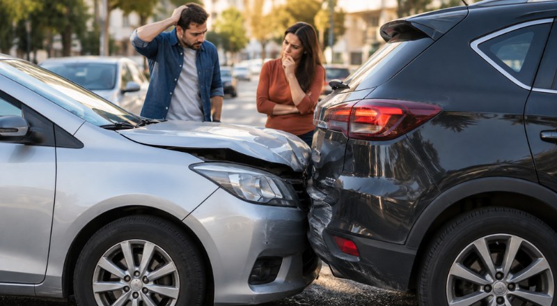 Dois carros aparecem envolvidos em uma batida leve em uma rua, enquanto duas pessoas observam a situação com expressão de preocupação em um cenário urbano realista.